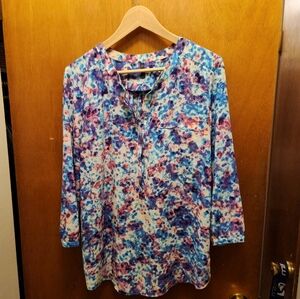 NYDJ Pintuck Blouse Multicolor Watercolor Print